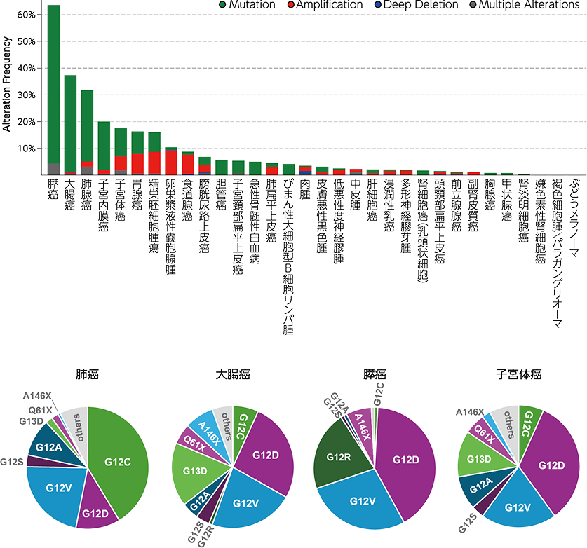 図1 癌種別：KRAS変異の頻度（上）とKRASサブタイプの割合（下）