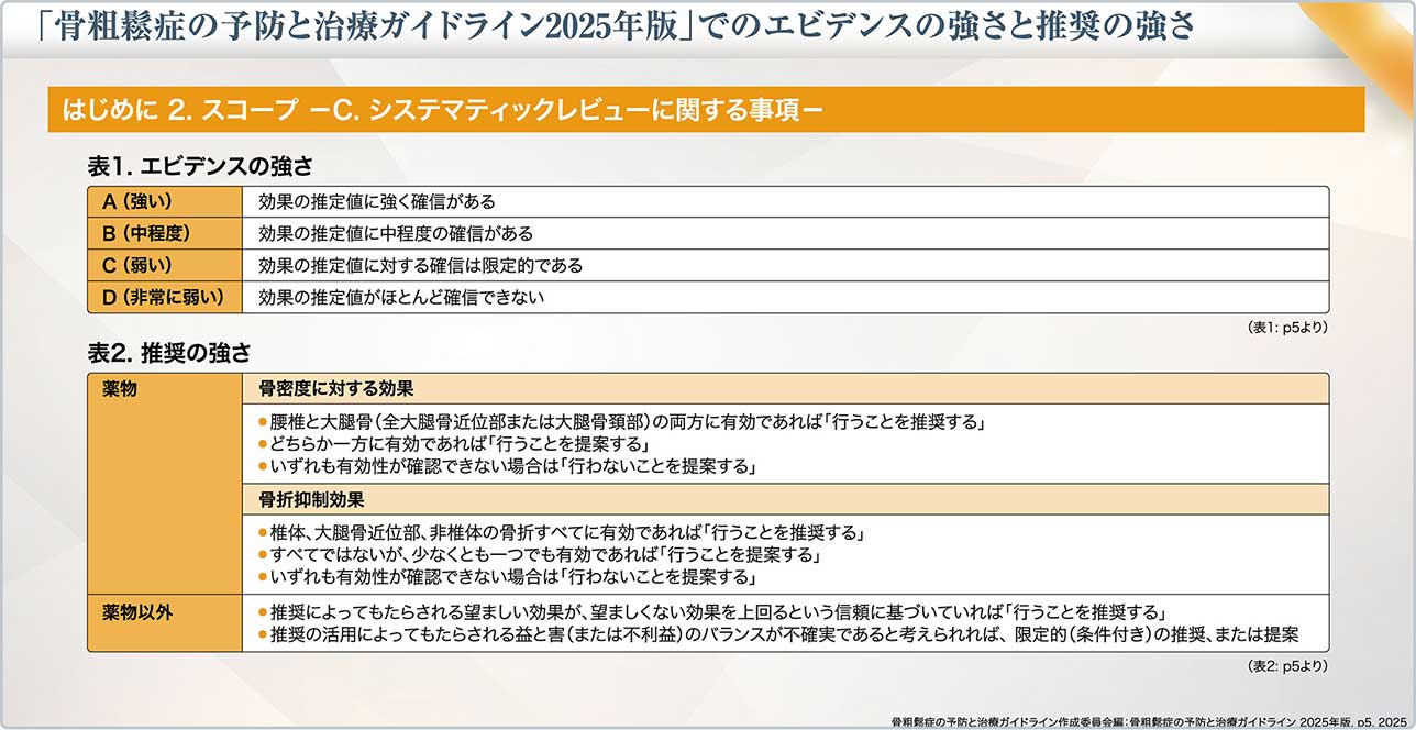 表7 「骨粗鬆症の予防と治療ガイドライン2025年版」におけるエビデンスの強さと推奨の強さ