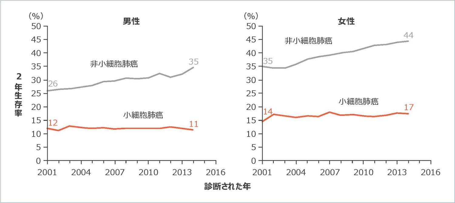 図2 肺癌における2年生存率の年次推移(海外データ)