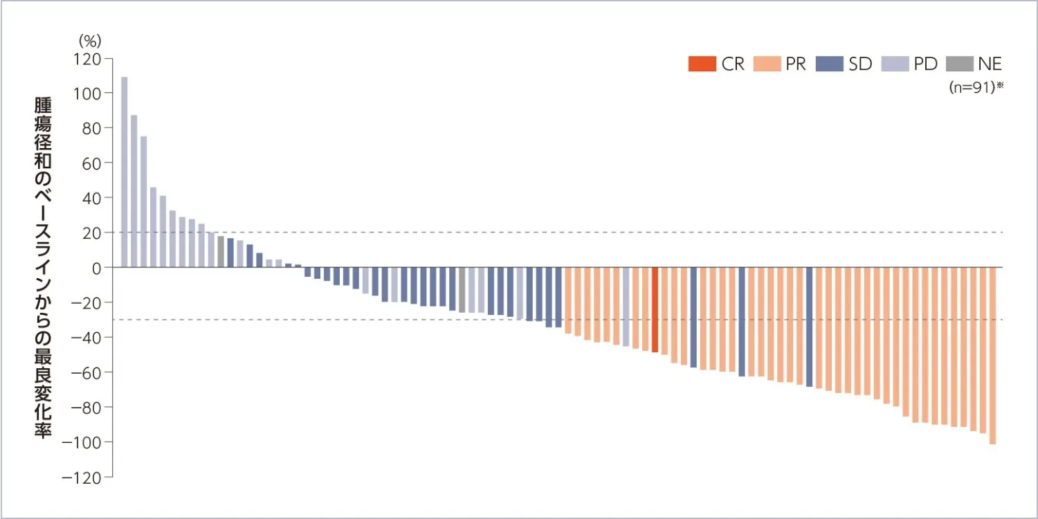 図：腫瘍径和のベースラインからの最良変化率のWaterfall Plot