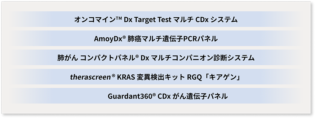 「オンコマイン Dx Target Test マルチ CDx システム」「AmoyDx 肺癌マルチ遺伝子PCRパネル」「肺がん コンパクトパネル Dx マルチコンパニオン診断システム」「therascreen KRAS 変異検出キット RGQ「キアゲン」」「Guardant360 CDx がん遺伝子パネル」